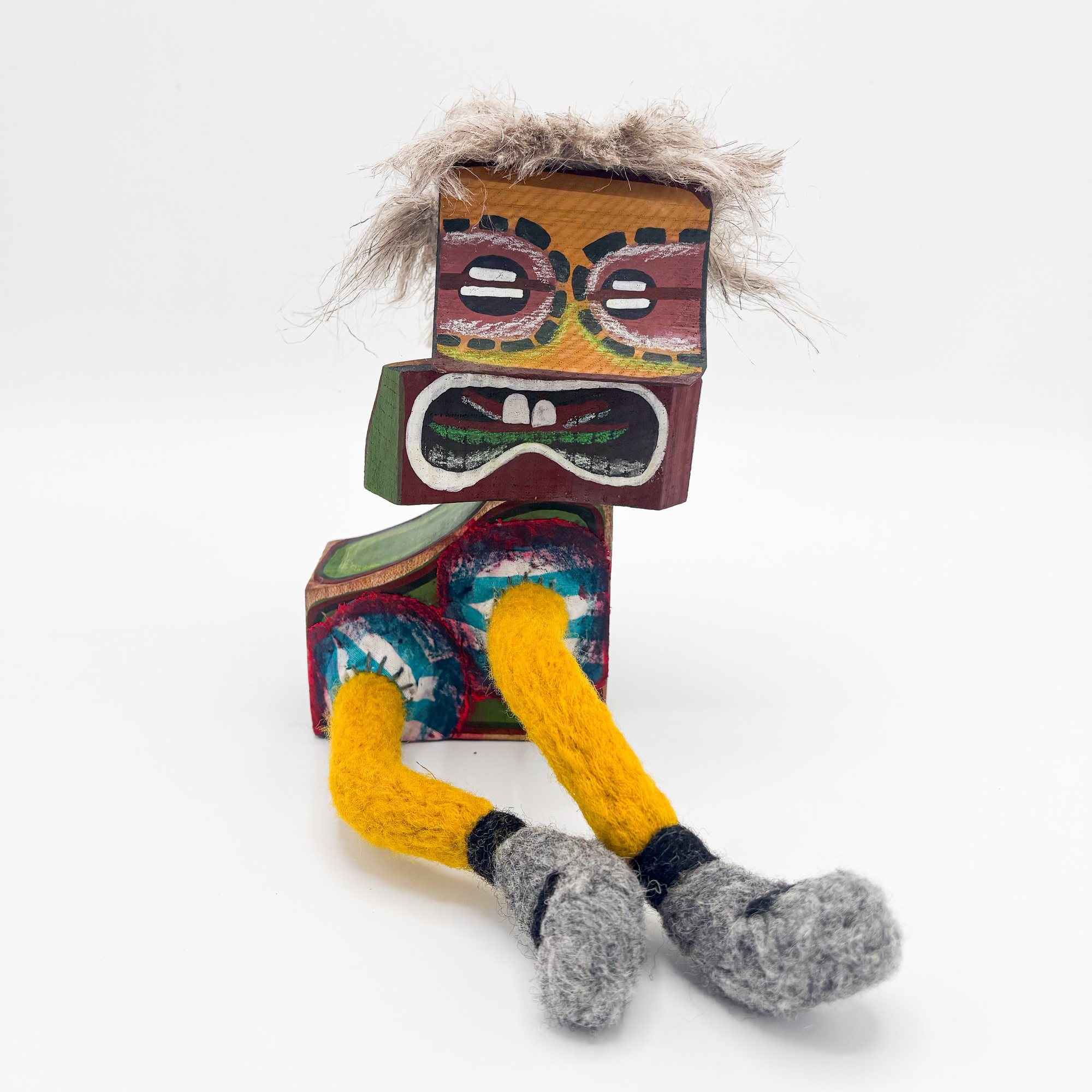 Drop 01 #08 'Yellow' Wooden and Fibre Creature Sculpture, 2025 h20 x w12 x d20 cm 