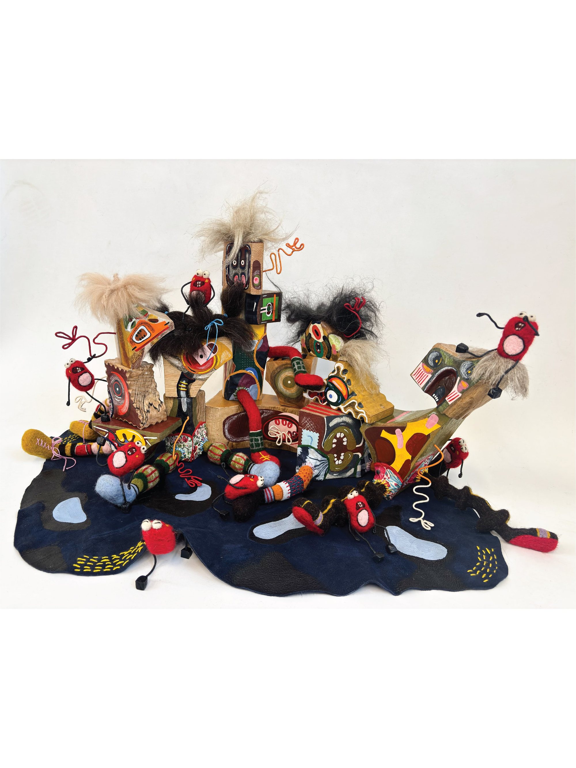 Creature Composition, 2026 - Mixed media (fibres, textiles, paint, pencil, and wire) on wood and leather - h37 x w70 x d39 cm
