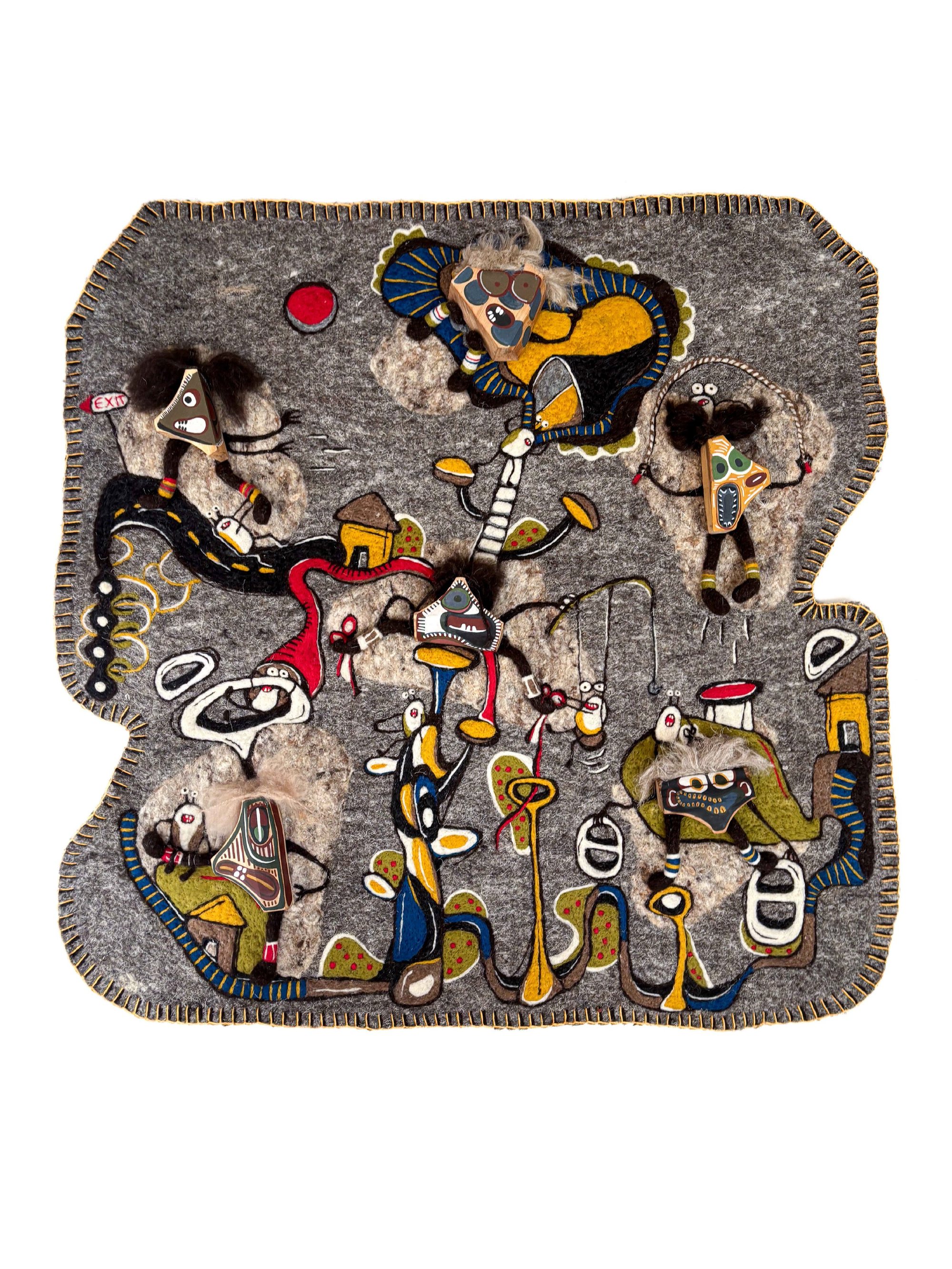 Interconnected Mad World, 2025 - Mixed media on wool felt mat - h100 x w100 cm