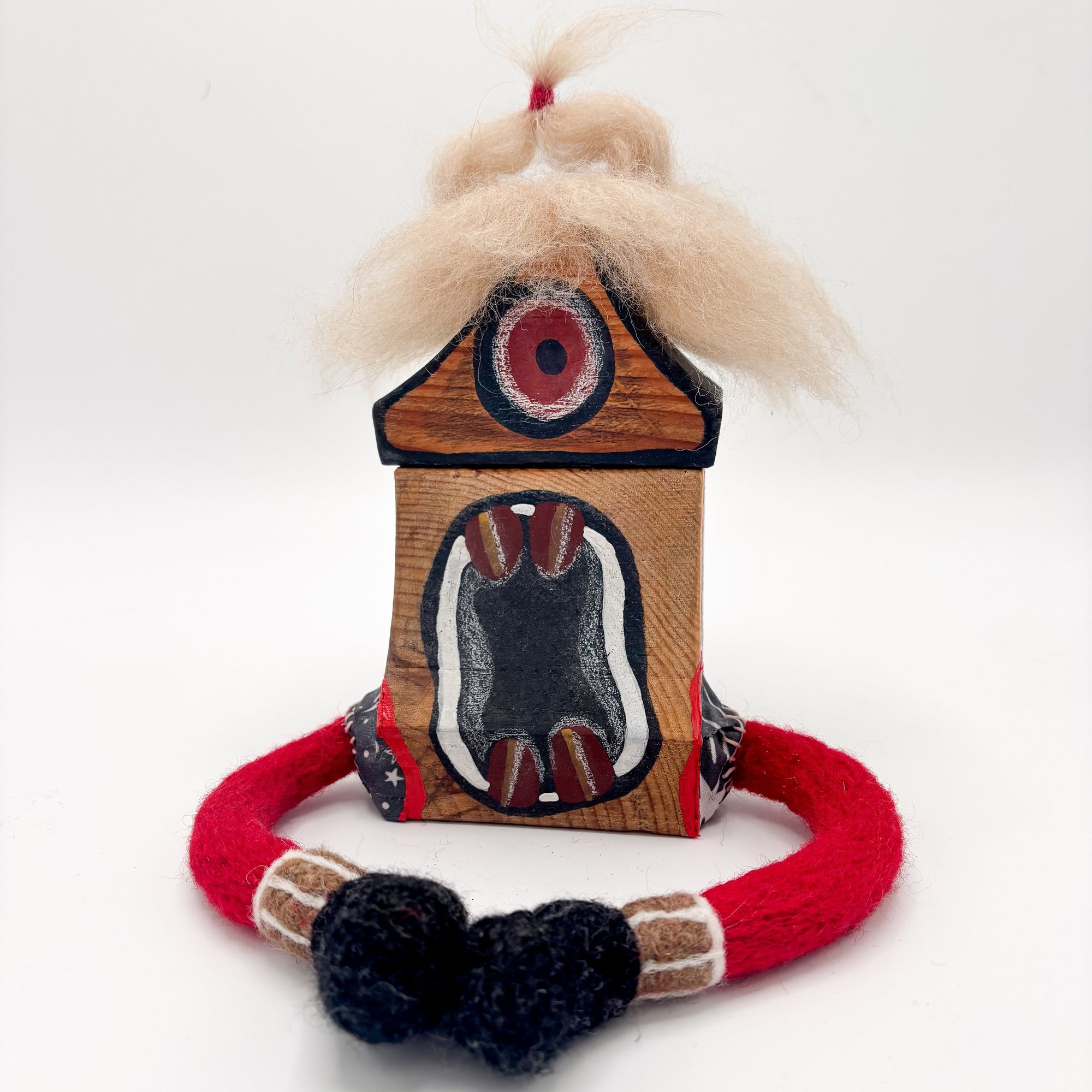 Drop 01 #04 'Ollie', Wooden and Fibre Creature Sculpture, 2025 h21 x w16 x d20 cm 