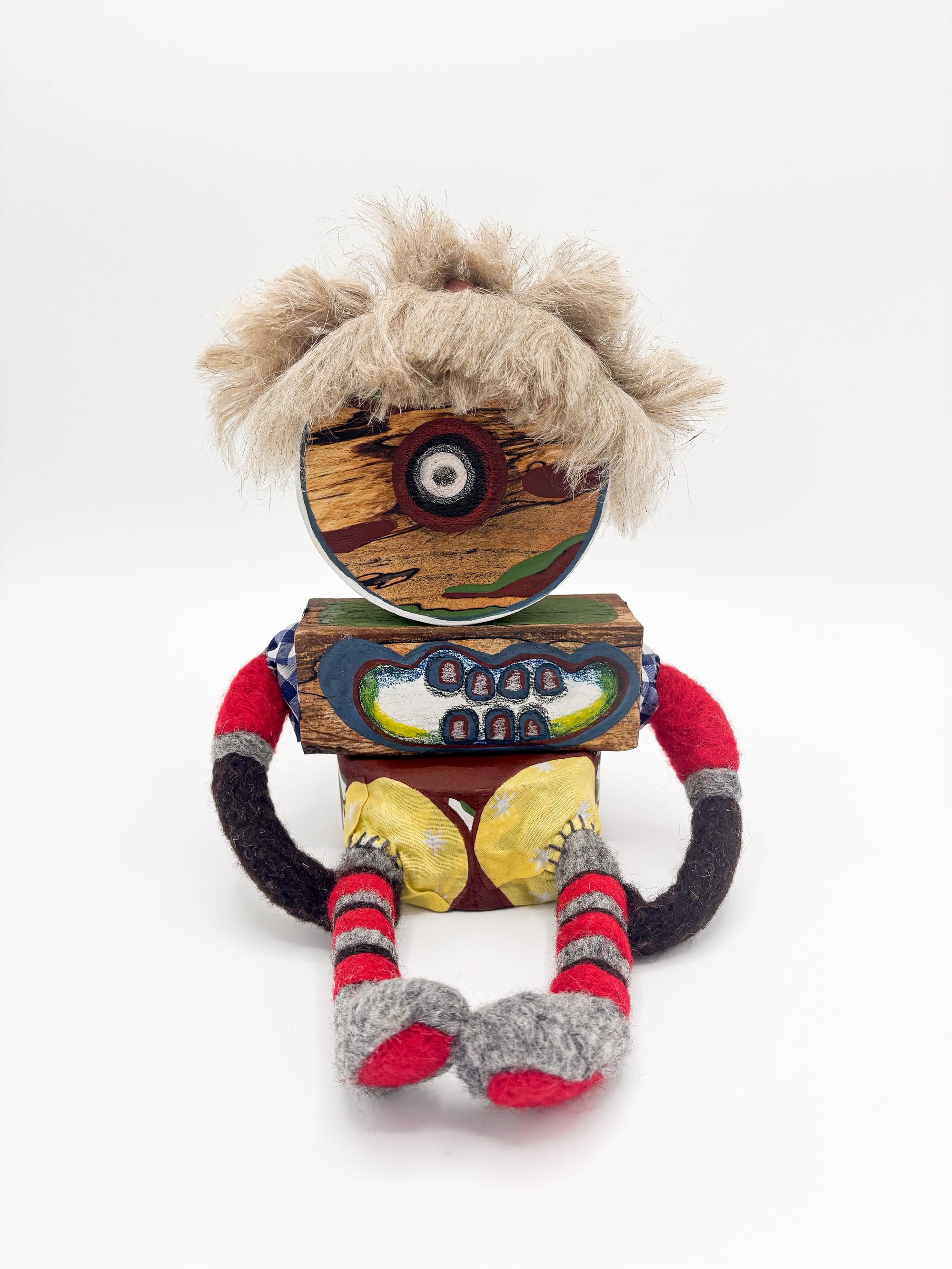 Drop 01 #09 'Smilo', Wooden and Fibre Creature Sculpture, 2025 h25 x w20 x d21 cm 
