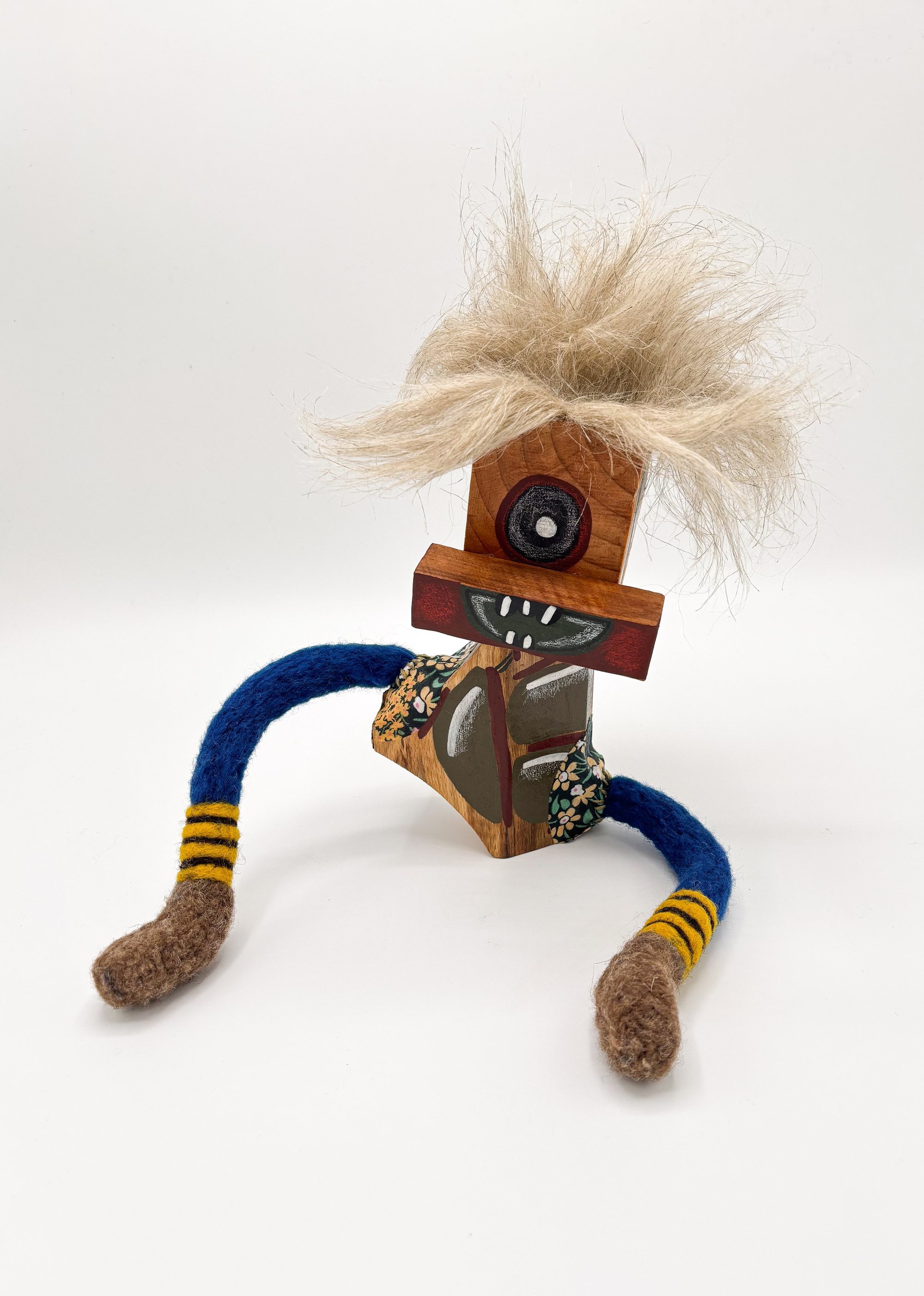 Drop 01 #07 'Bonito', Wooden and Fibre Creature Sculpture, 2025 h25 x w22 x d20 cm 